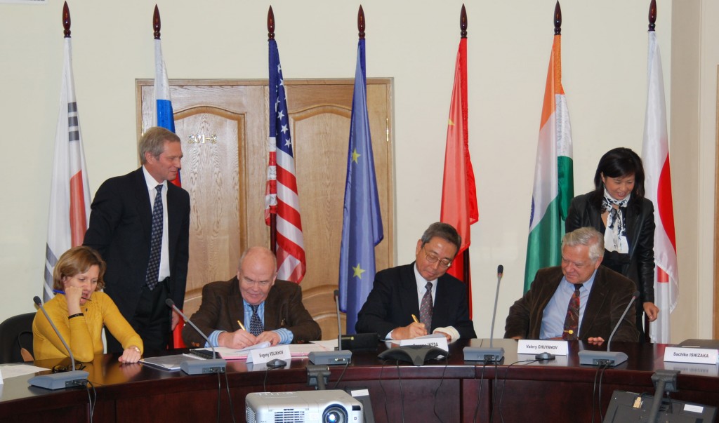 Kaname Ikeda and Evgeny Velikhov signing the Procurement Arrangement for ITER's cable-in-conduit conductor for the poloidal field coils earlier today. With this signature, all but one Procurement Arrangement for ITER's poloidal field coils have been completed. 