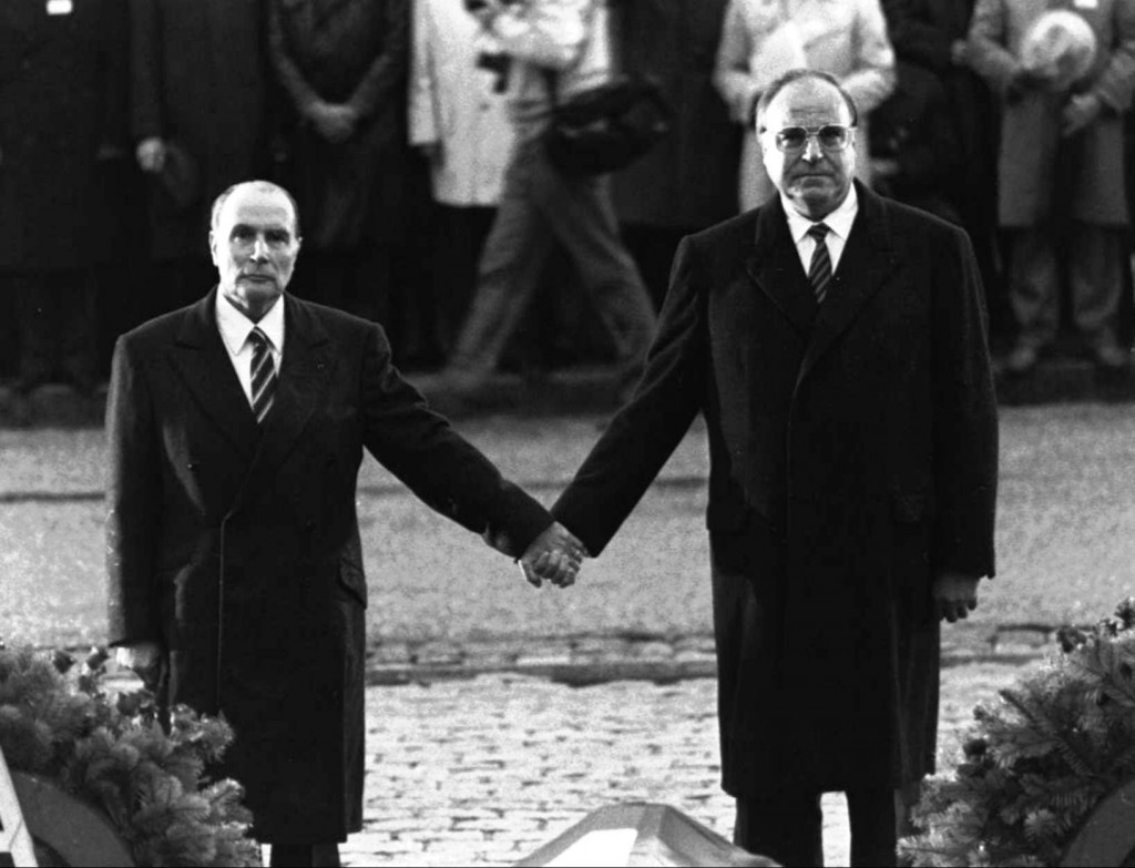 A very emotional moment at the Verdun battlefield in 1984, when President Mitterrand of France and German Chancellor Helmut Kohl stood silent and holding hands.