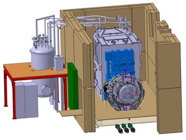 Computer graphics: The new ion source of the IPP built-in test facility ELISE. The particle beam generated here with a cross section of one square metre is to carry a capacity of 1.2 megawatts. (Graphic: IPP)