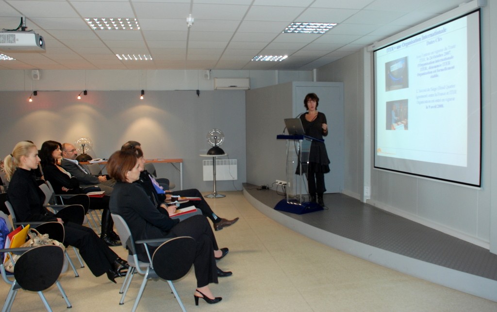 Françoise Cazenave-Pendariès is pictured giving a presentation at the ITER Visitor Centre.