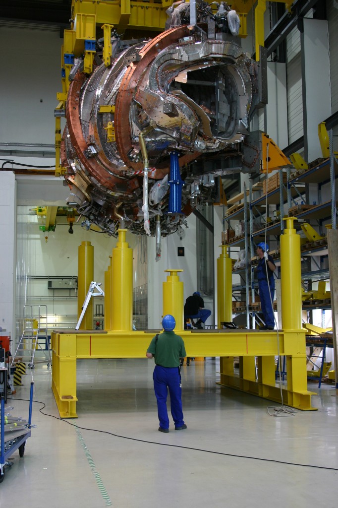 One of Wendelstein's magnet modules being moved onto the assembly rig.