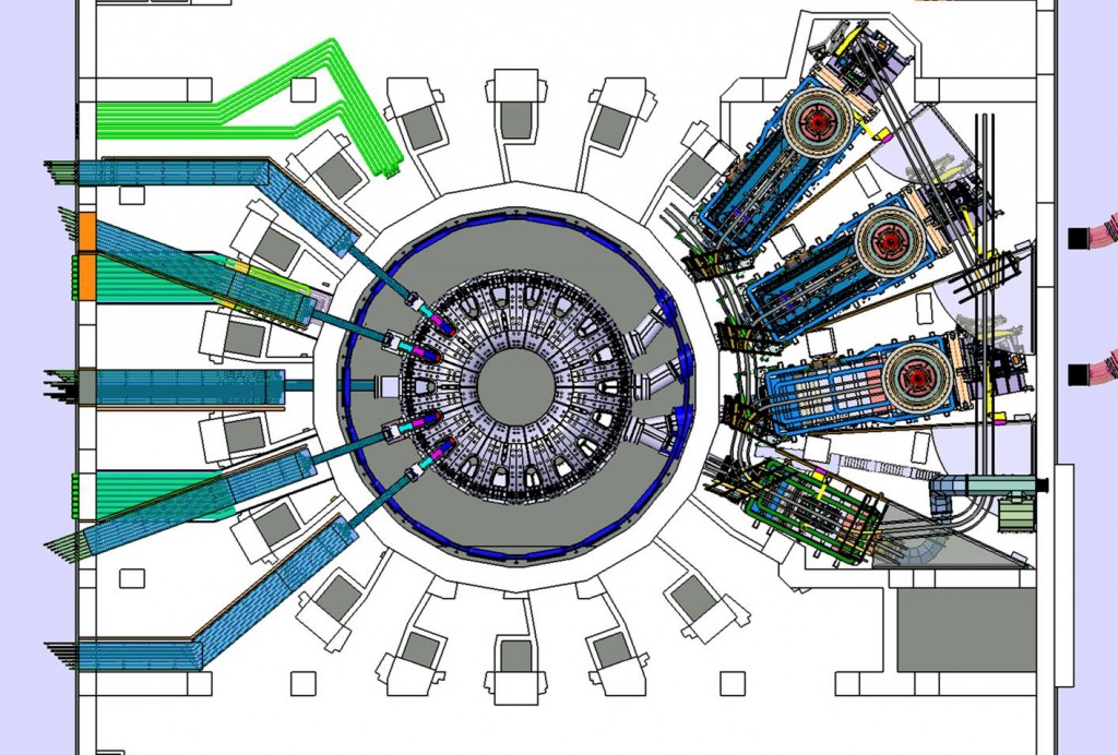 The drawing shows the position and the size of the powerful neutral beams (top right) that form part of ITER's heating system. Although there are only two heating neutral beams foreseen in ITER at the moment, the third beamline pictured is a possible upgrade option. Below the heating neutral beams, in green, the diagnostic neutral beam is pictured.