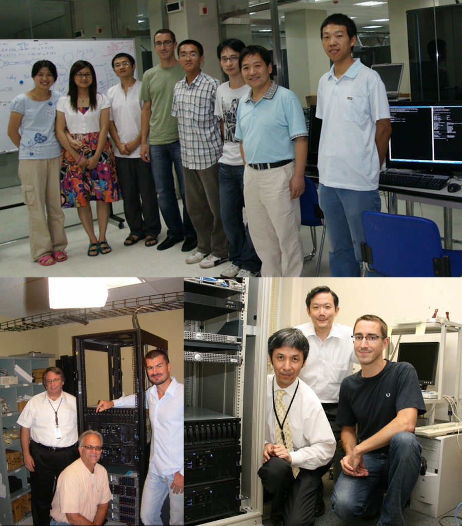 Top: Song Yuntao (Chinese Working Group IT) with Bjoern Wilhelm (ITER) and a team of Chinese IT specialists.  Left: Benjamin Kelmers, Daniel Ciarlette (US ITER) and Jürgen Dirnberger (ITER). Right: Bjoern Wilhelm with Koichi Sato, and, standing in the middle—ITER Japan leader Ryuji Yoshino.