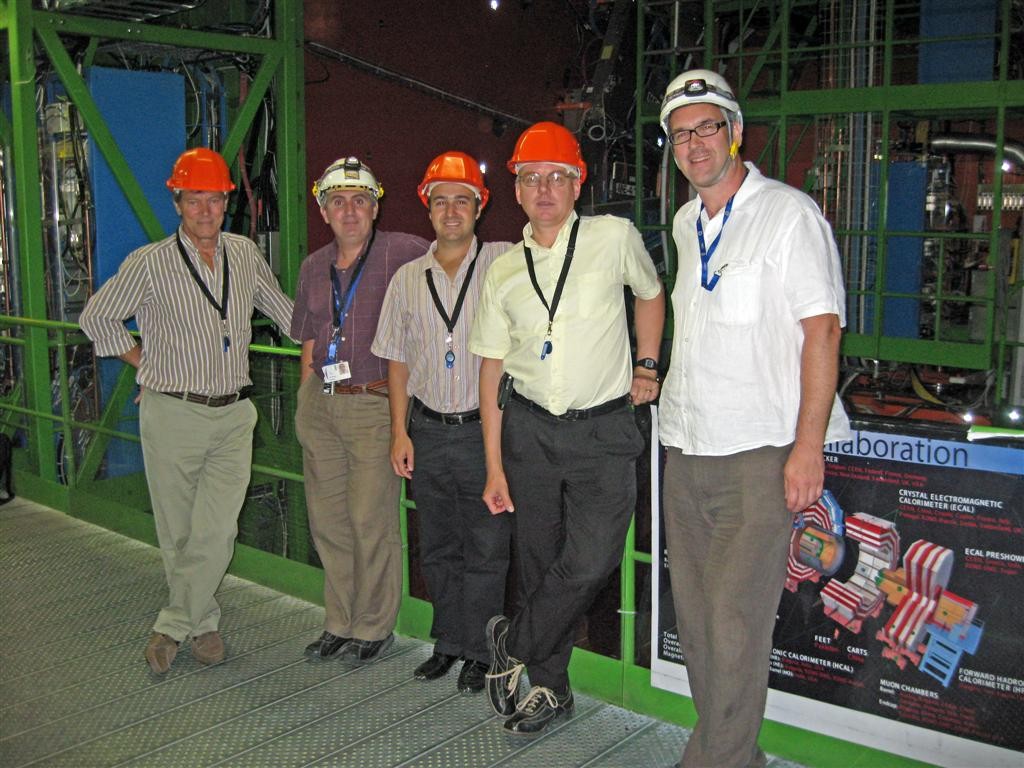 Inside the longest vacuum around: Christian Mayaux (ITER), Jose-Miguel Jimenez (CERN) CERN Vacuum Group Leader, Bastien Boussier (ITER), Robert Pearce (ITER) and Raymond Veness (CERN) in the CMS detector Experimental Gallery.